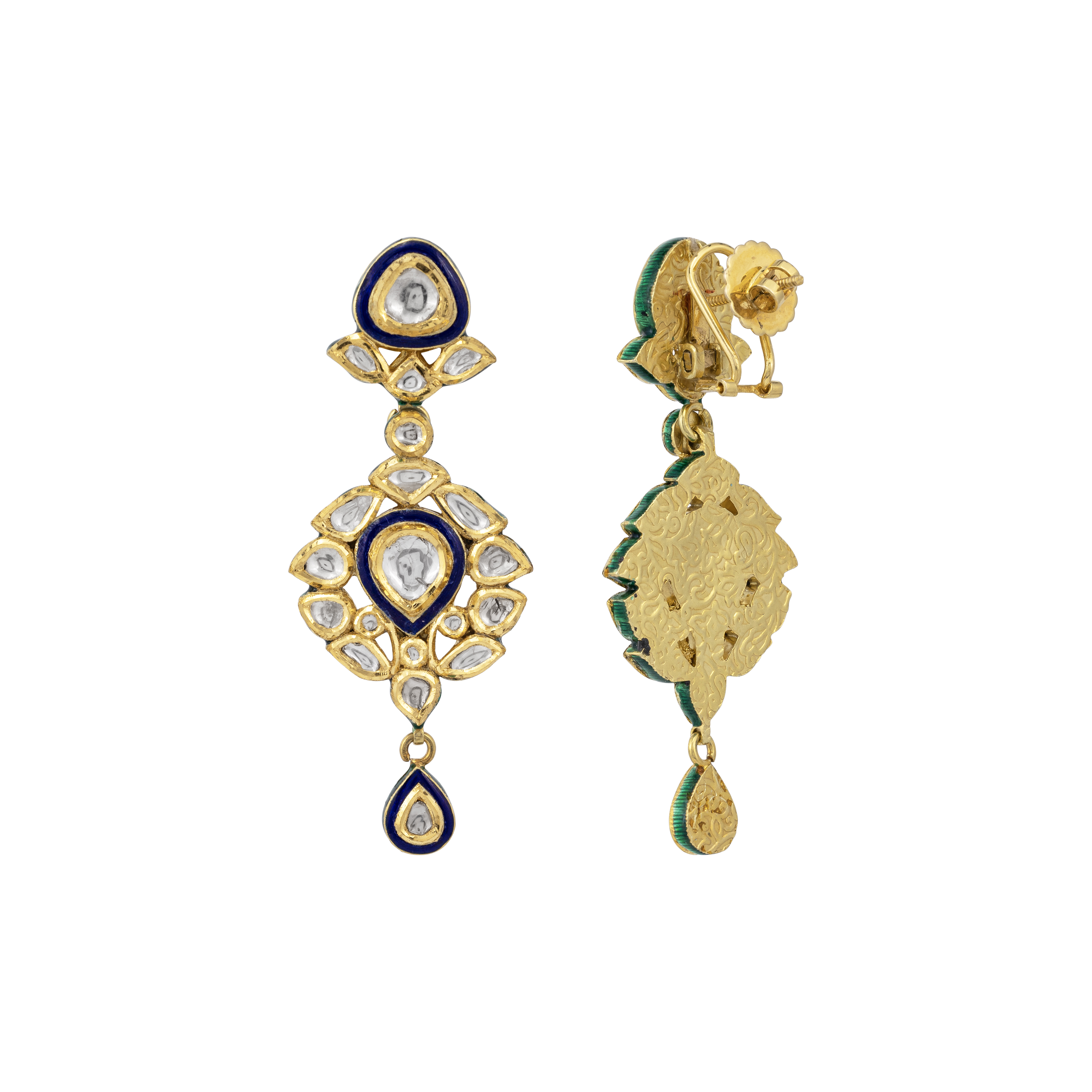 Polki Drop Earrings with Blue Enamel and Teardrop Motifs